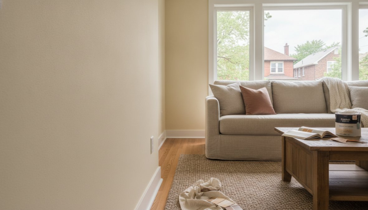 A bright, beautifully painted Toronto living room with warm neutral walls in an eggshell finish, natural light streaming through large windows casting a subtle, soft sheen across smooth plaster walls, with a comfortable sofa and hardwood floors visible