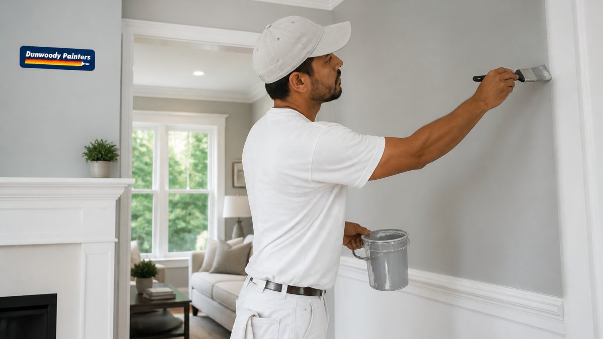 Professional painter applying interior paint to living room wall with precision, showing proper technique with clean trim lines and careful color application in modern home