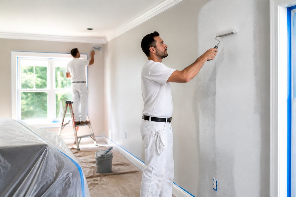 Professional painting crew applying fresh interior paint to a residential wall with precision, using proper masking and protection on furniture, natural window lighting illuminating the workspace