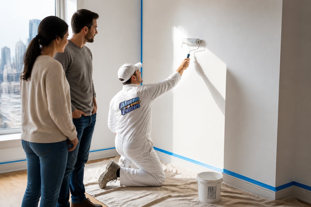 A professional painter in white coveralls applying a smooth coat of bright white paint to an interior wall in a modern Chicago home, with clean drop cloths protecting hardwood floors and trim taped off precisely with blue painter's tape, natural daylight streaming through a nearby window