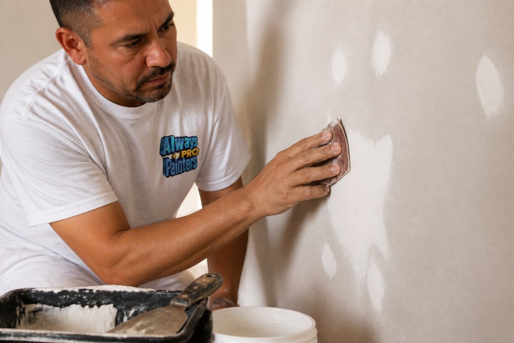 Close-up of a painter's hands carefully sanding a patched wall surface with medium-grit sandpaper, with a nearby work tray holding spackle, a putty knife, and a small bucket of primer, warm workshop lighting illuminating the texture of the prepared wall