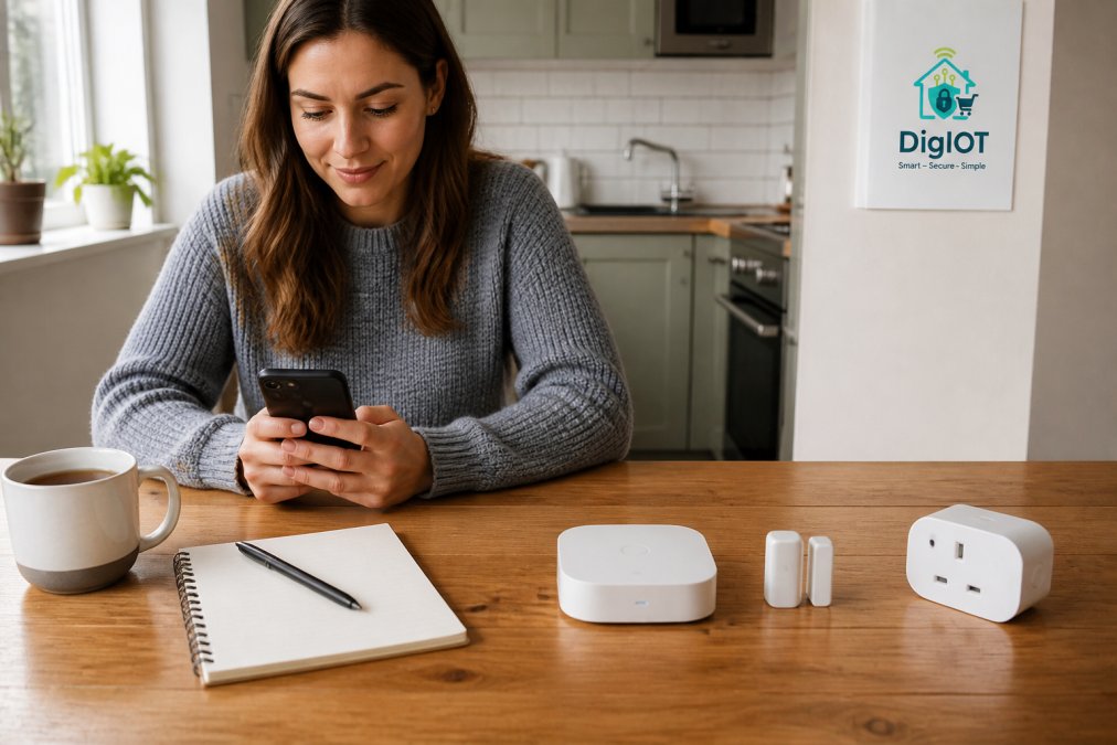 A person sitting at a kitchen table with a smartphone and a small smart home hub, with a door sensor and smart plug arranged on the table beside a notebook and cup of tea