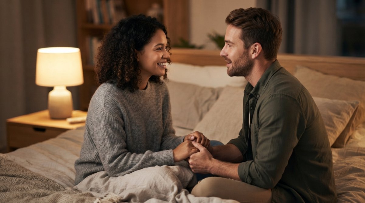 Couple sitting close together on bed in warm lamplight, having an intimate conversation with relaxed body language and genuine smiles, one person holding the other's hand