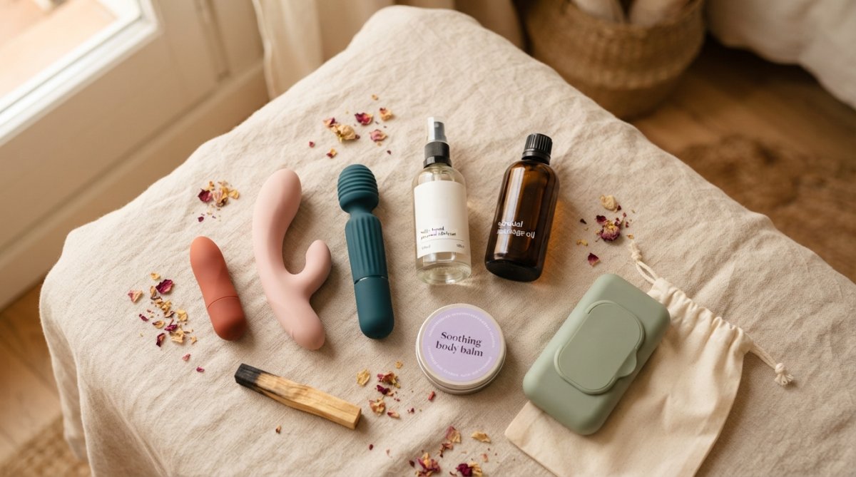 Flat-lay arrangement of colorful intimate wellness products including vibrators, lubricants, and wellness items arranged on soft neutral background with warm golden lighting, showing product diversity and approachability