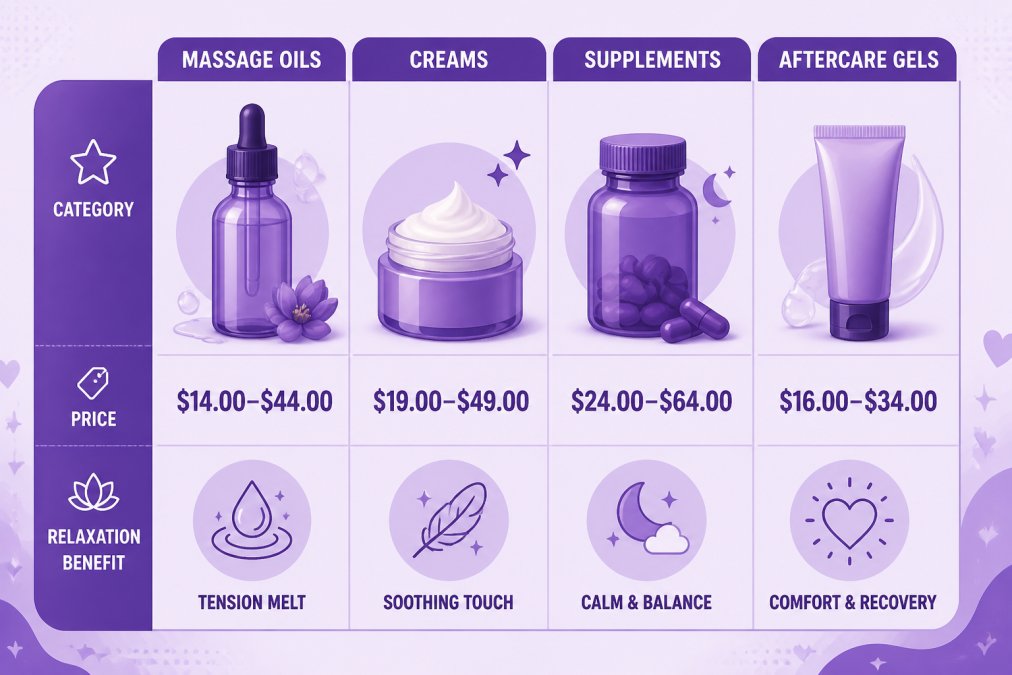 Comparison matrix of intimate wellness products organized by category (massage oils, creams, supplements, aftercare gels) with price points from $14.00 to $64.00 and relaxation benefit labels