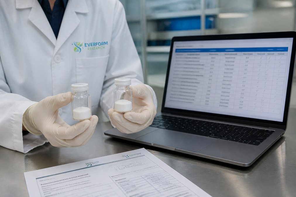 A researcher in a white lab coat holding two glass vials of white peptide powder beside a laptop displaying a supplier comparison spreadsheet, with a printed certificate of analysis on the stainless steel bench under bright overhead lighting