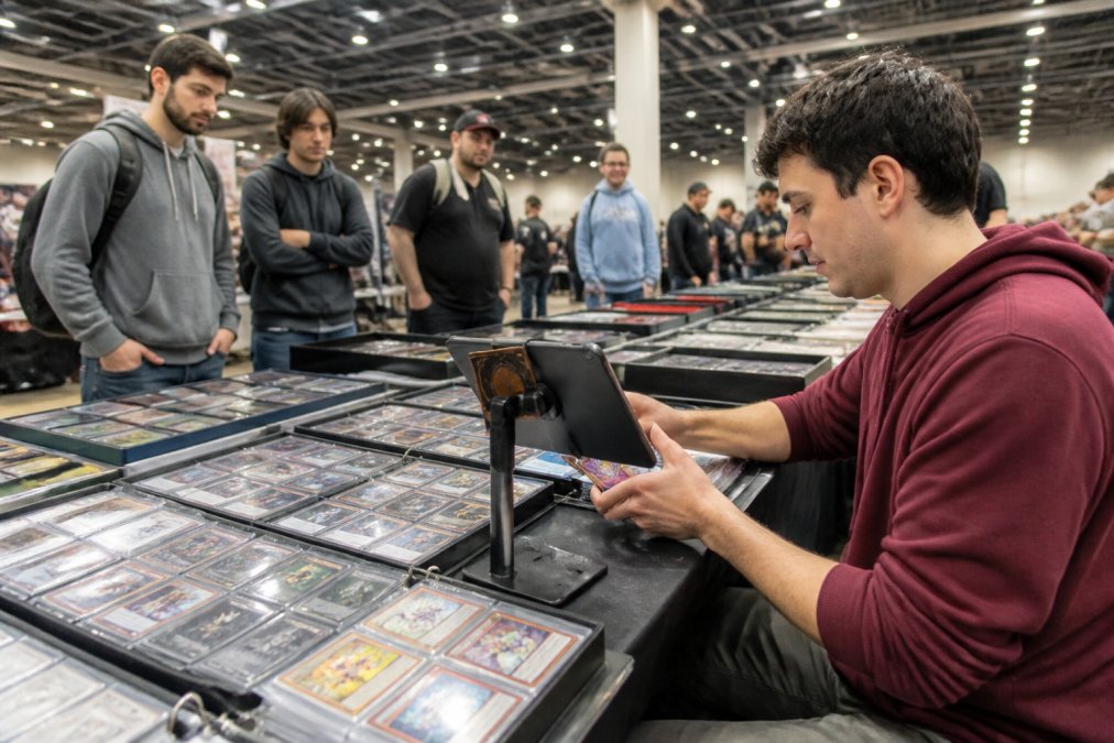 Card dealer using an iPad app for card dealers to price inventory at a busy trading card convention booth