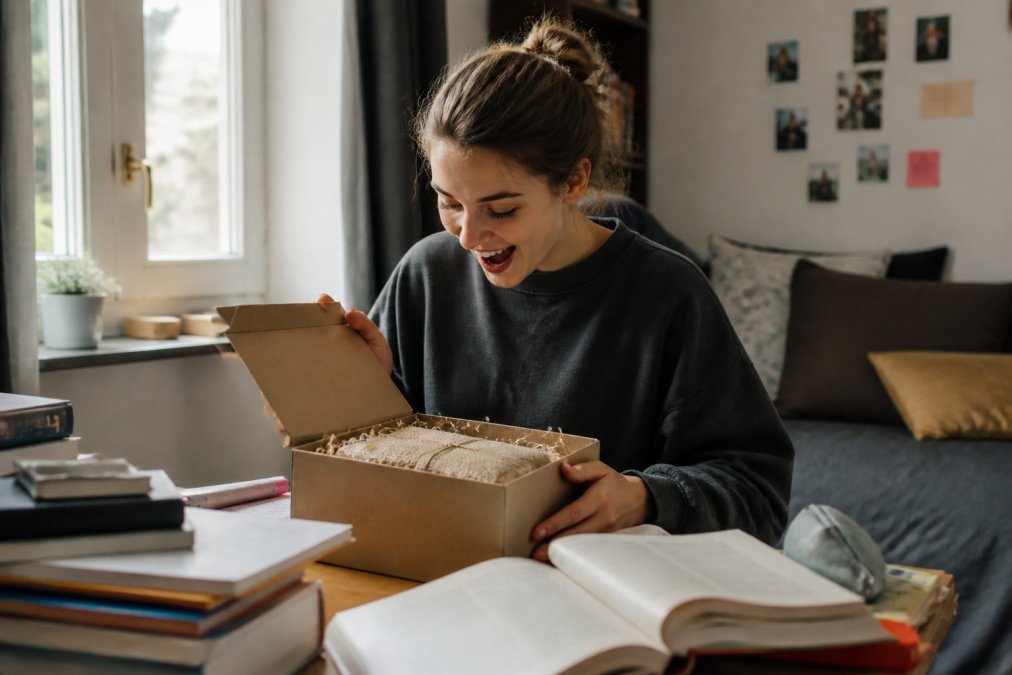 Student opening a beautifully wrapped gift box at their desk surrounded by textbooks and study notes, with genuine surprise and appreciation on their face, natural window lighting from a university hall room