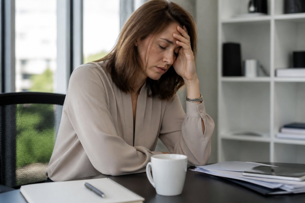 Person looking fatigued at their desk, resting their head on their hand with a coffee cup nearby, natural office lighting