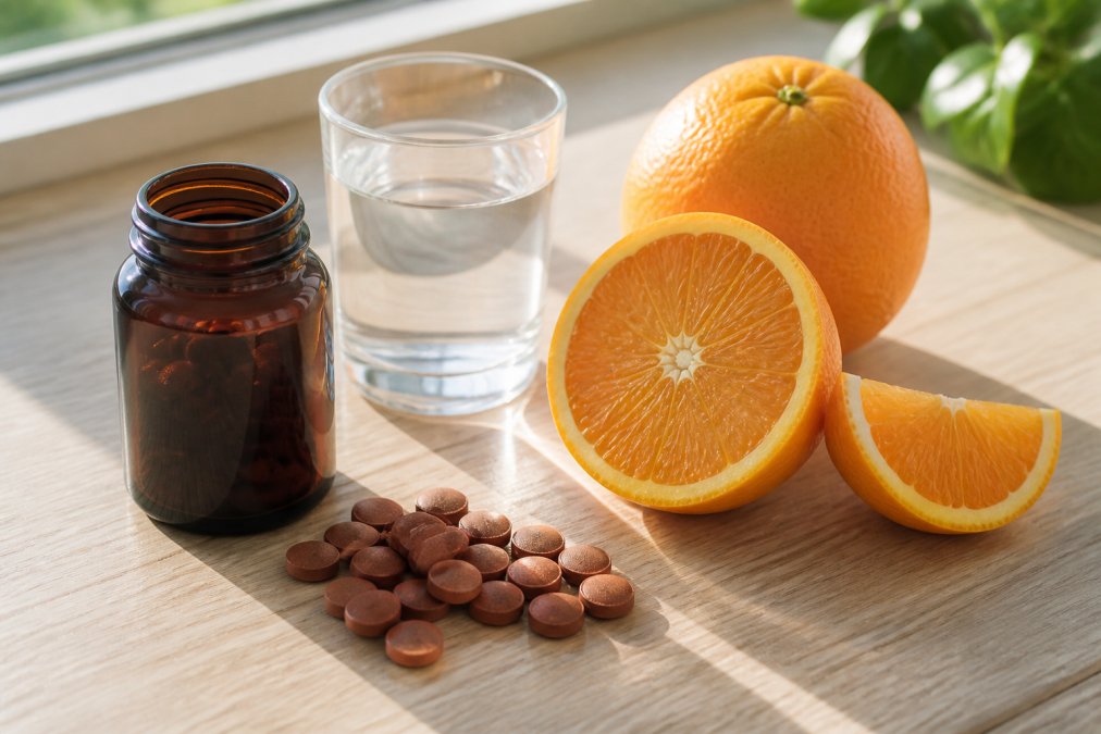 Flat lay of an iron supplement bottle, citrus fruits, and a glass of water on a light wooden surface with natural morning sunlight