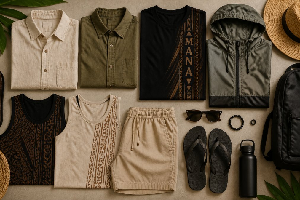 Flat lay of essential island-inspired clothing pieces arranged on a neutral background: folded linen shirts in earth tones, tribal print tank tops, lightweight windbreakers, and travel accessories neatly organized and ready for packing