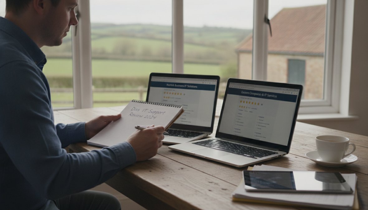 A professional IT support technician in a collared shirt reviewing network monitoring dashboards on two large screens at a tidy desk in a well-lit Norfolk office, leaning forward with a focused expression