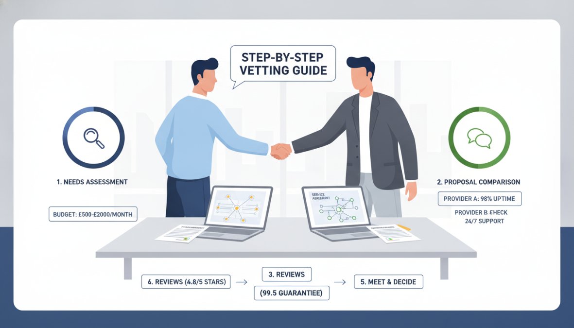 A small business owner in a smart casual shirt shaking hands with an IT consultant across a meeting table, with open laptops, printed service agreement documents, and coffee cups visible under warm office lighting