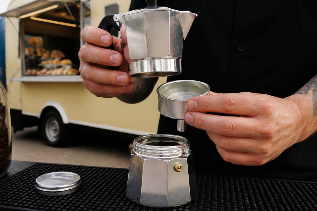 Close-up of hands assembling a Bialetti Moka Express stovetop brewer, showing the three chambers being stacked together with the filter basket visible and water filling the bottom chamber