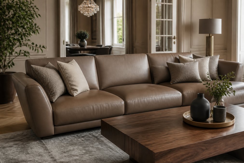 A bright, elegantly furnished living room in a UK home featuring a contemporary Italian leather sofa with plush cushions, styled with neutral-toned throw pillows and a sleek wooden coffee table in the foreground