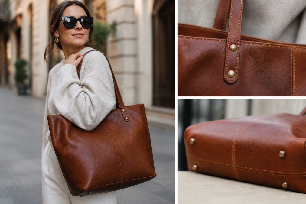 Woman holding a high-quality Italian leather tote bag in natural daylight, showcasing rich texture, precise hand-stitching details, and warm patina across the leather surface