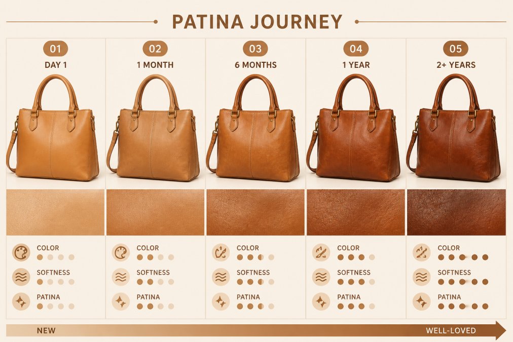 Side-by-side comparison of the same Italian leather bag at different stages of aging, showing color deepening from light tan to rich cognac, with visible creasing and patina development over time