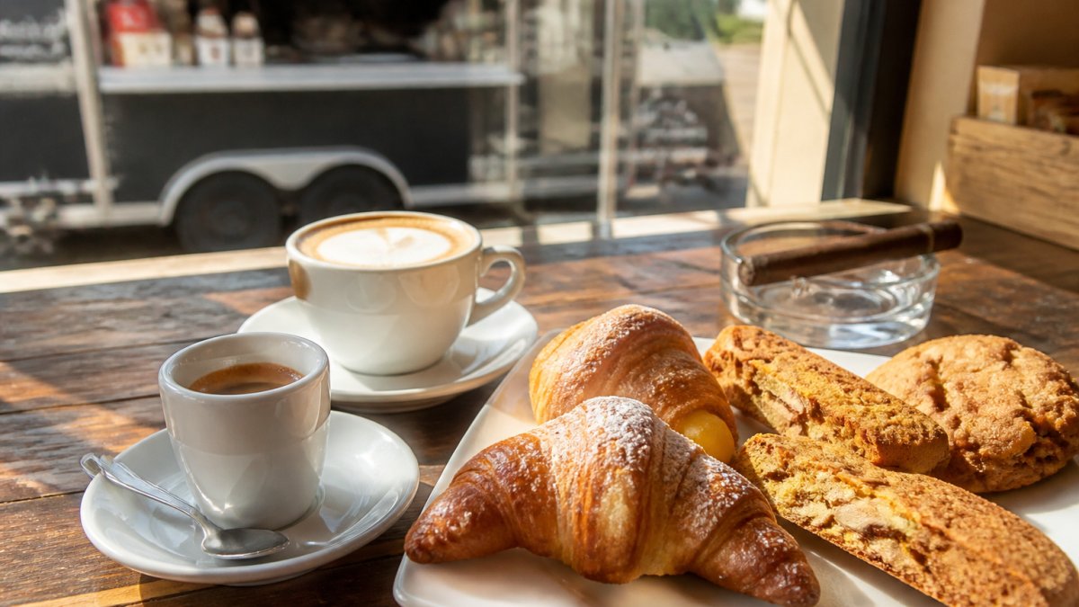 Rustic Italian café table with espresso cup, cappuccino, and assorted pastries including cornetto and biscotti arranged on white plate, morning light streaming through window