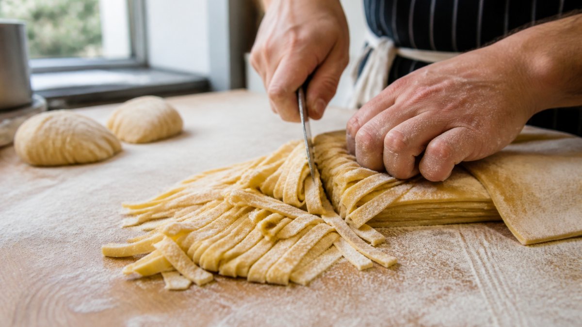 Fresh handmade pasta being cut into ribbons on a floured wooden counter at one of the best Italian restaurants in Clapham