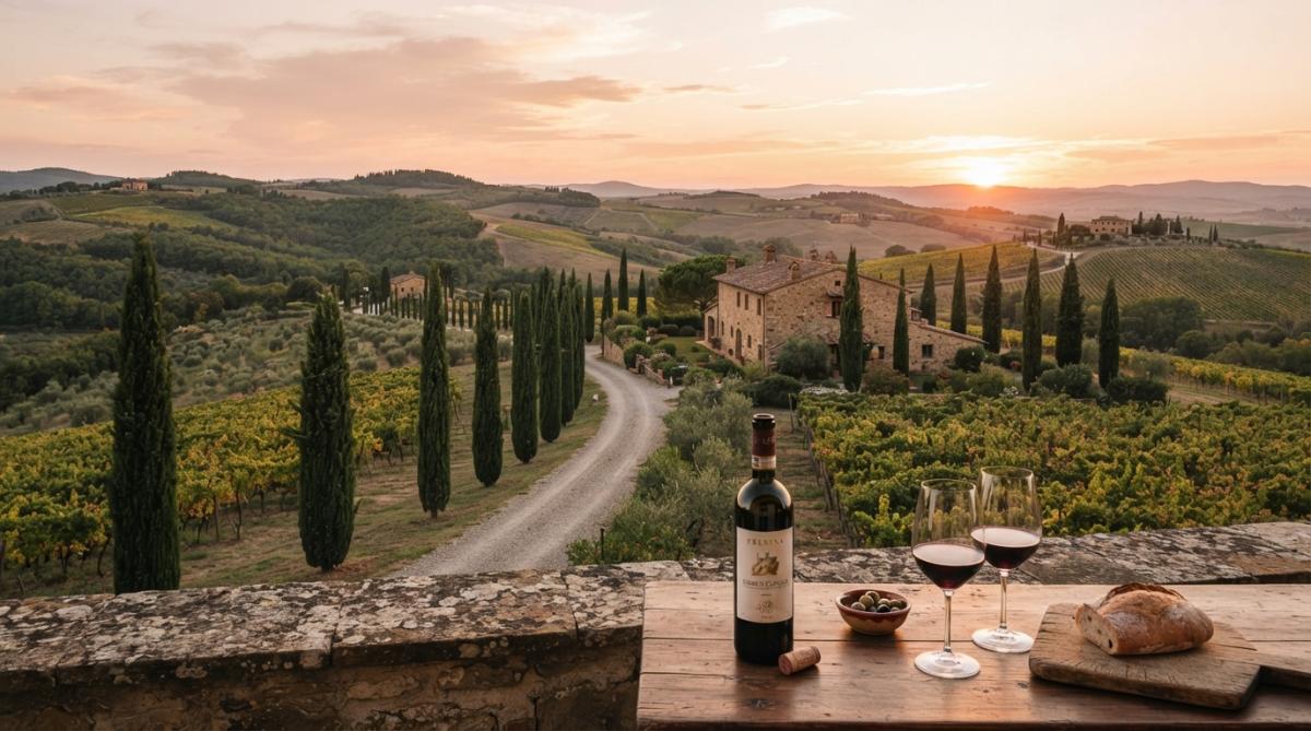 Rolling Tuscan vineyard landscape with cypress trees and stone villa at sunset, showcasing iconic terroir and landscape that defines Chianti wine production