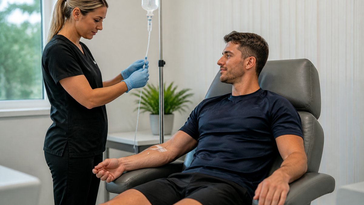 Registered nurse administering IV infusion to athlete in clinical wellness setting, patient relaxed in recovery chair with IV line in arm, modern clinic environment with soft lighting