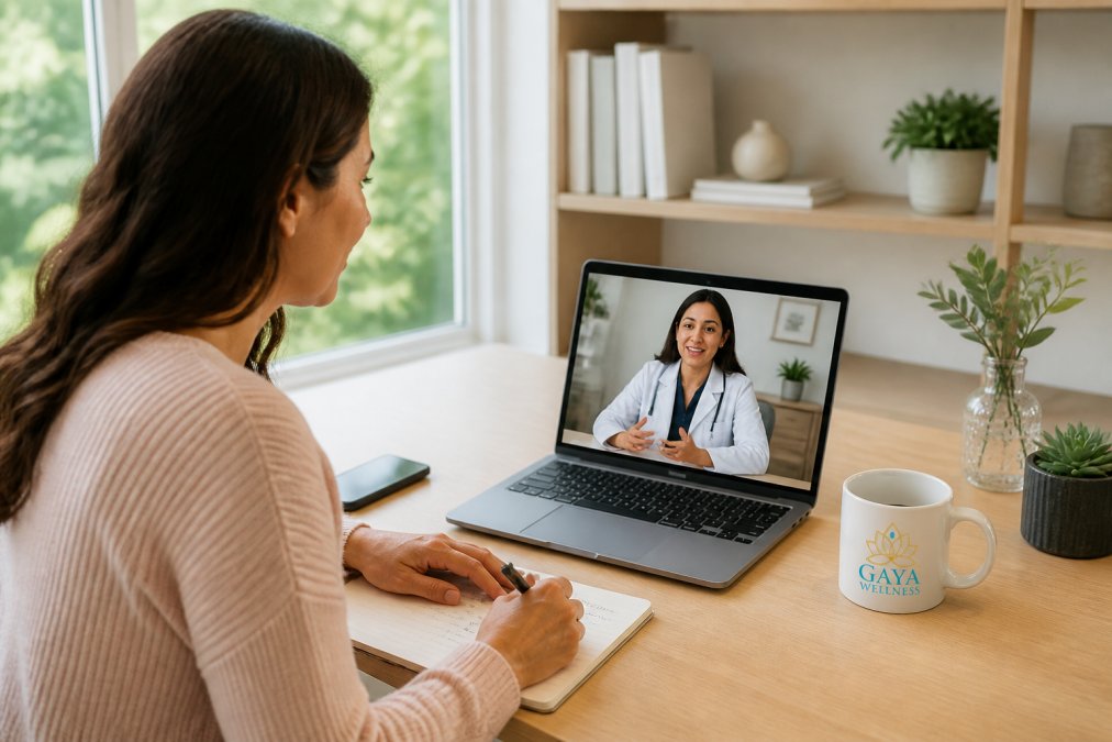 Woman in a video consultation with a healthcare provider on a laptop, taking notes in a bright home office setting, natural light from window