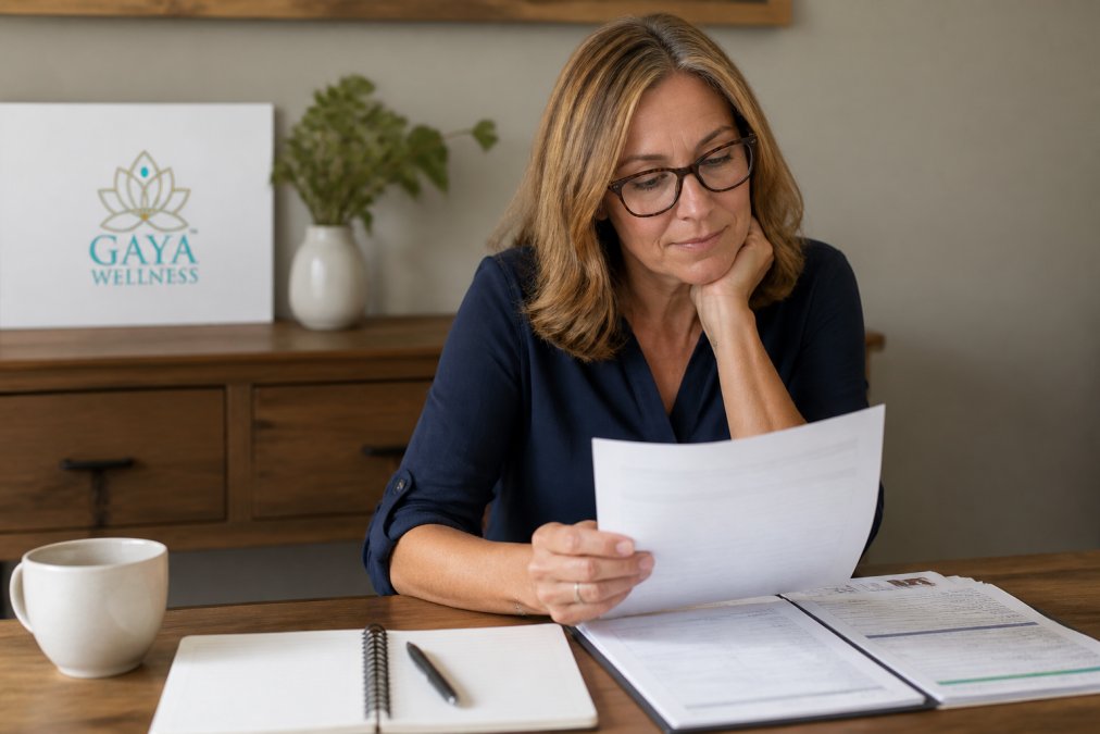 Woman reviewing health documents and lab results at a desk with a cup of coffee, appearing thoughtful and engaged