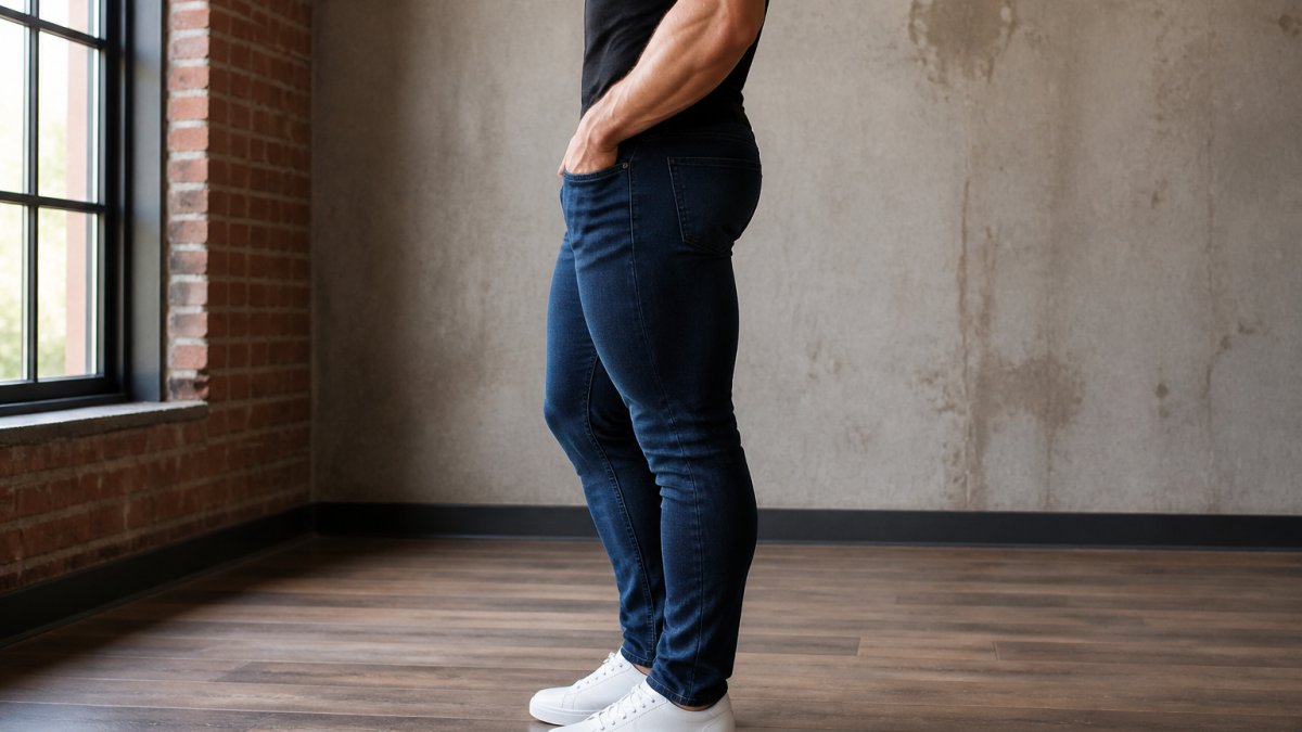Side profile of athlete in well-fitted jeans showing contoured muscular thighs with balanced waist fit and smooth taper from knee to ankle, natural studio lighting