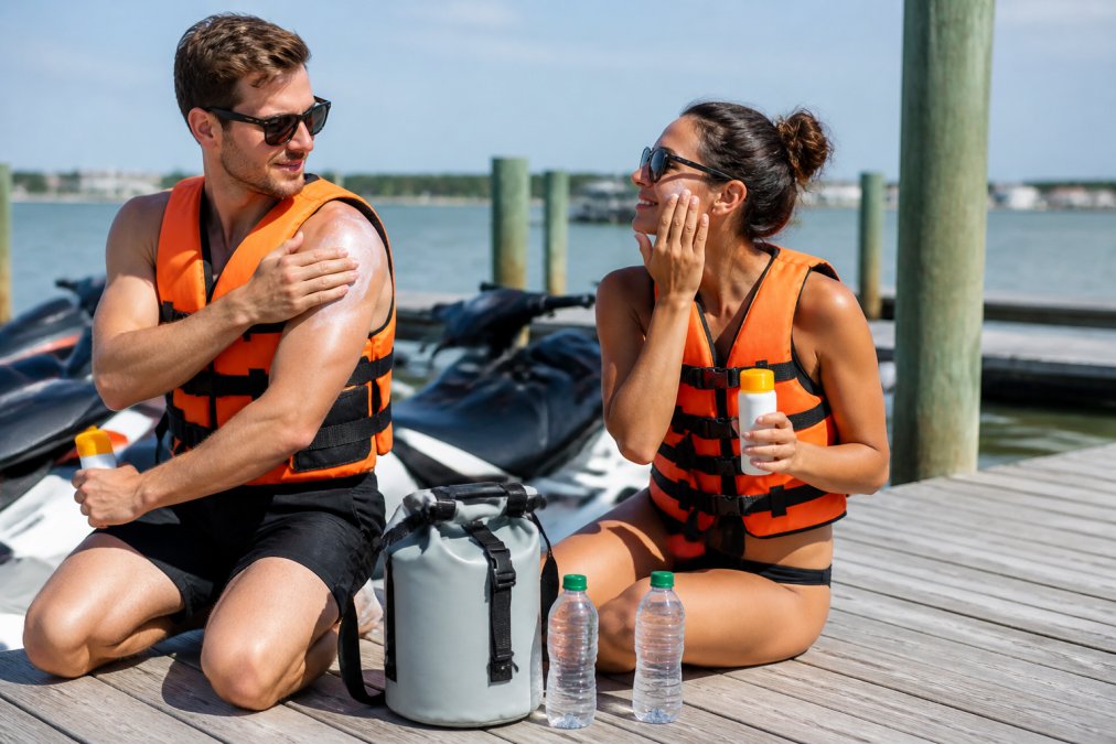 A couple on a sunny dock preparing for a jet ski rental, both wearing bright orange life jackets, applying sunscreen, with a waterproof dry bag and two water bottles laid out on the dock boards beside them