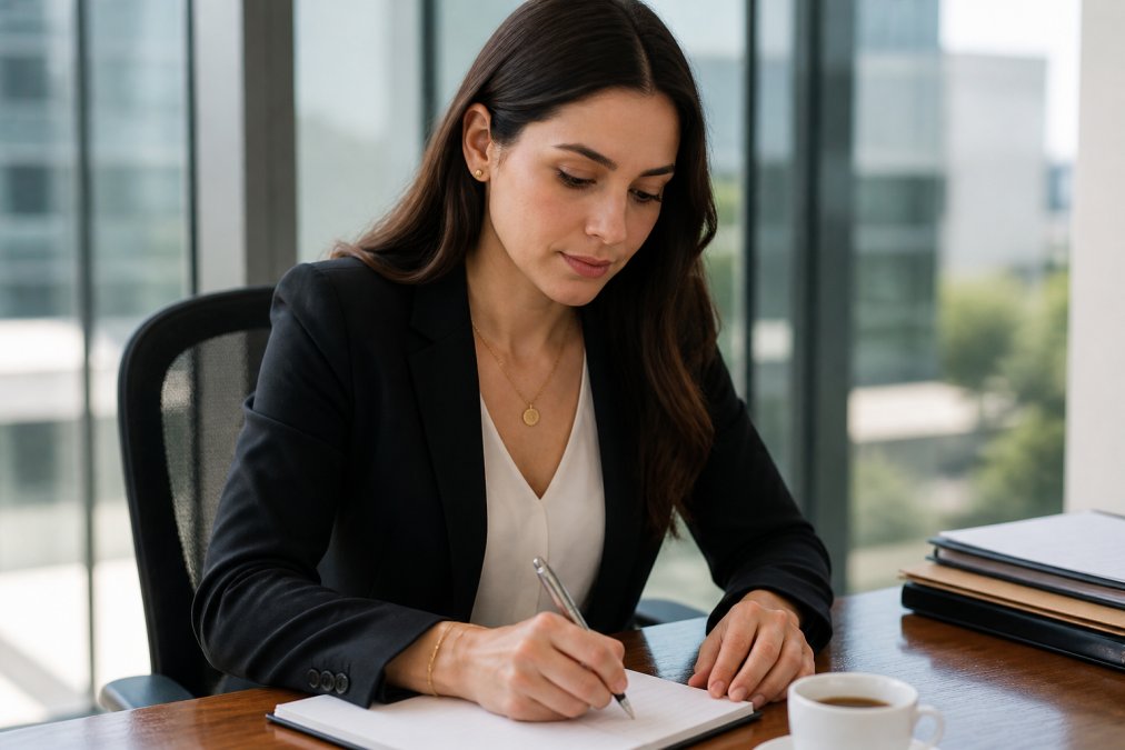 Professional woman in tailored business attire wearing understated gold jewelry including delicate stud earrings, a simple pendant necklace, and a minimalist bracelet in a modern office setting with natural window lighting