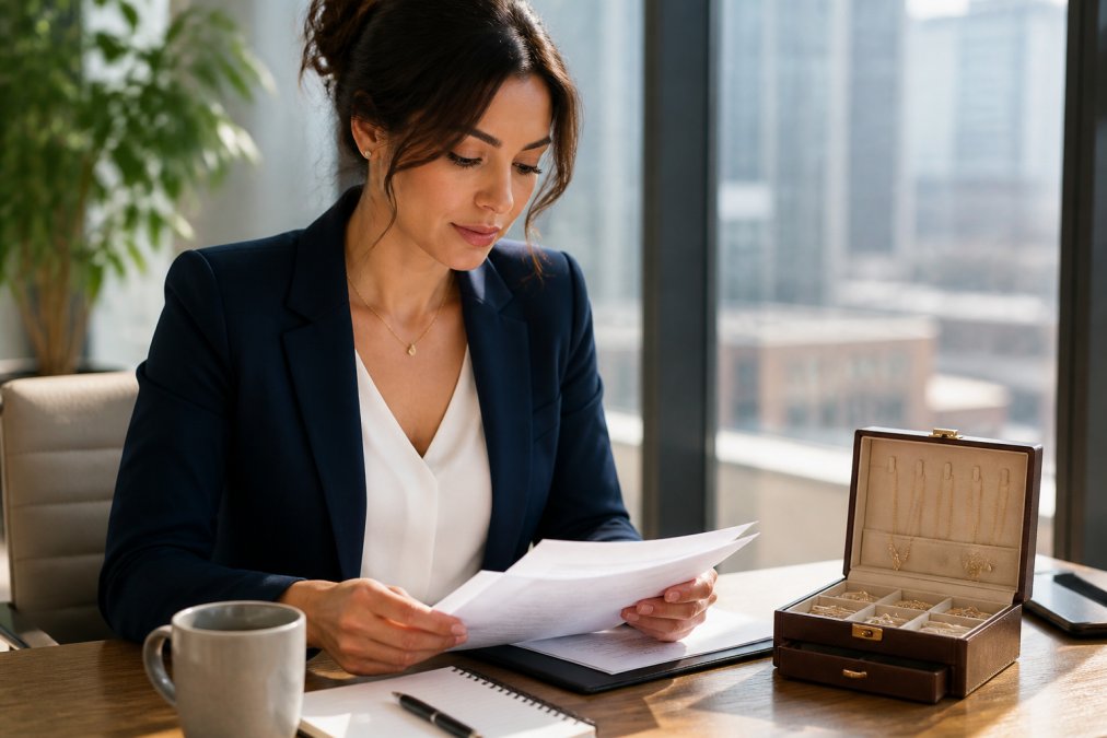 A professional woman in a tailored navy blazer reviewing documents at a sunlit desk, wearing a minimalist gold necklace and small stud earrings, with a curated leather jewelry box open beside her laptop