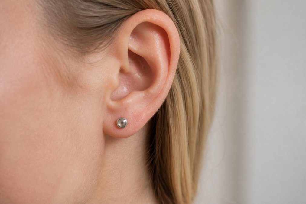 Infographic ranking hypoallergenic metals like titanium and gold for sensitive ears in Poway.
