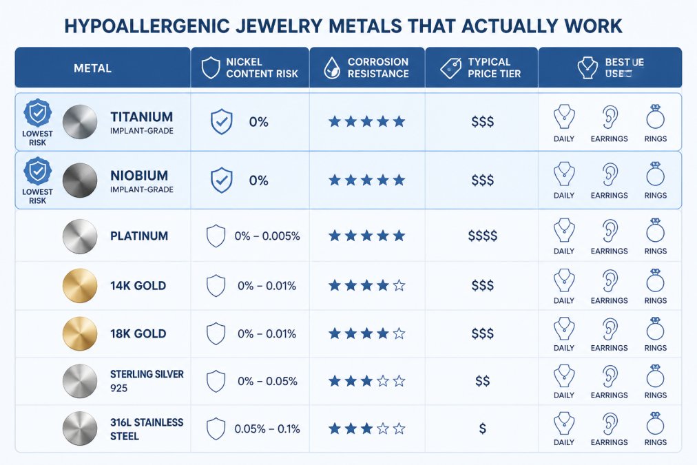 Comparison chart of hypoallergenic metals, ranking the best jewelry for sensitive skin types by nickel risk and use.