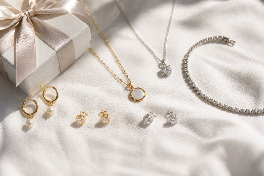 Flat lay of elegant sterling silver and gold-plated jewelry pieces, necklaces, earrings, and a tennis bracelet, arranged neatly on a soft white linen surface beside a small white gift box tied with a satin ribbon, photographed in bright natural window light