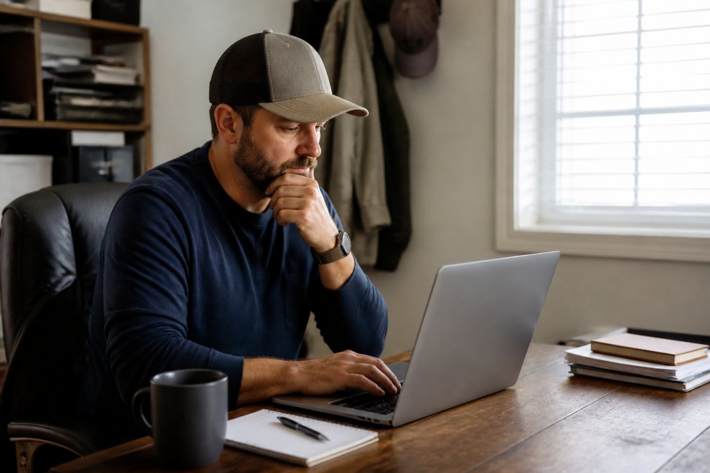 Route sales representative reviewing job listings on a laptop at their home office, with a coffee cup and notepad nearby