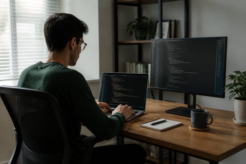 Software developer focused intently on multiple monitors displaying code in a quiet, minimally decorated workspace with soft natural lighting from a side window