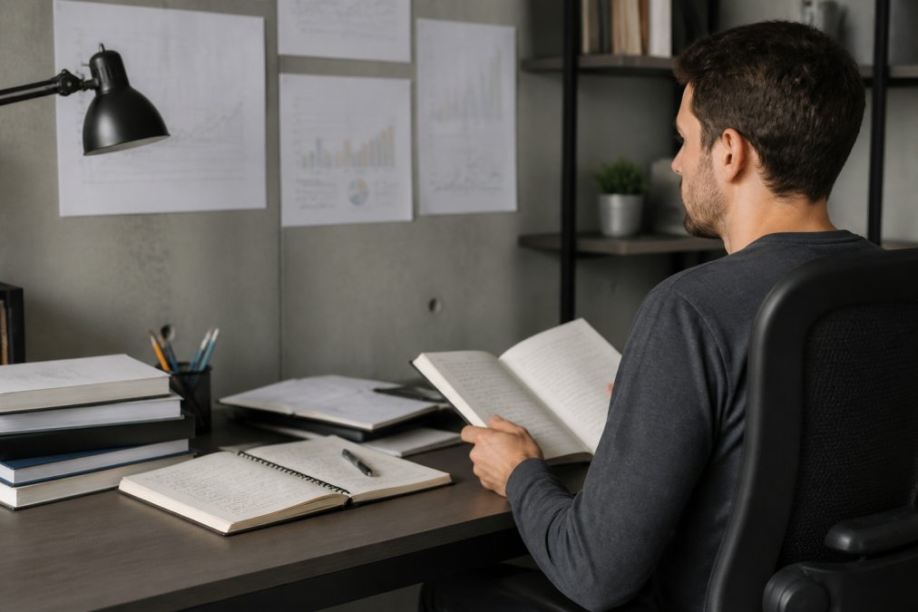 Data analyst working at a desk with three monitors displaying spreadsheets and visualization dashboards, surrounded by research notebooks and reference materials, in a quiet office with minimal visual clutter