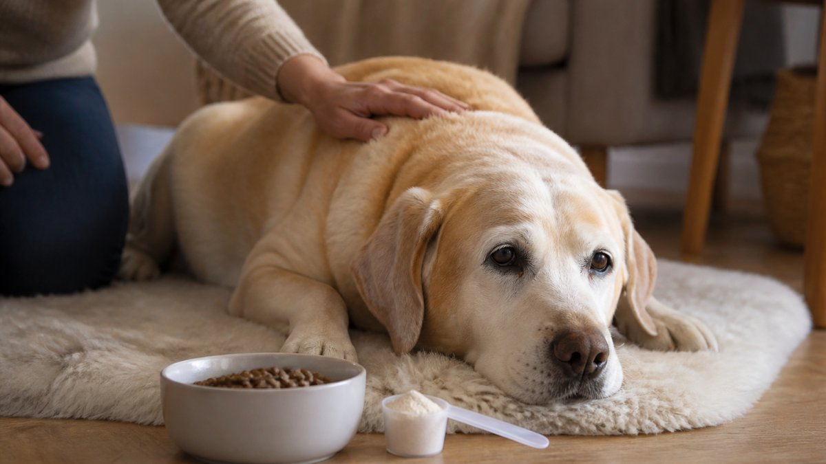 Senior Labrador resting on a rug with a supplement scoop and food bowl nearby