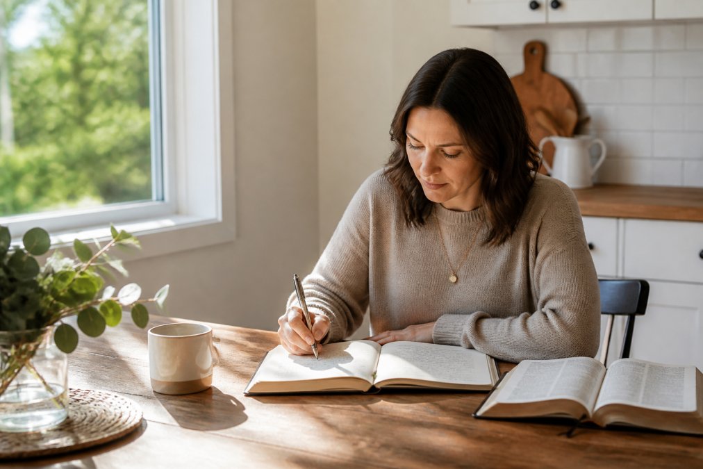 A mother sitting at a quiet kitchen table with an open journal, pen in hand, Bible nearby, soft morning light streaming through a window, peaceful and intentional