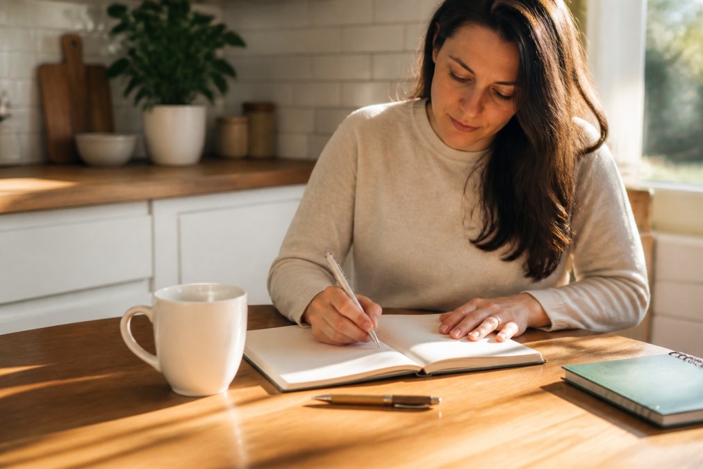 A woman writing in an open journal at a sunlit kitchen table, a white ceramic mug with an inspirational quote resting beside a pen and notebook