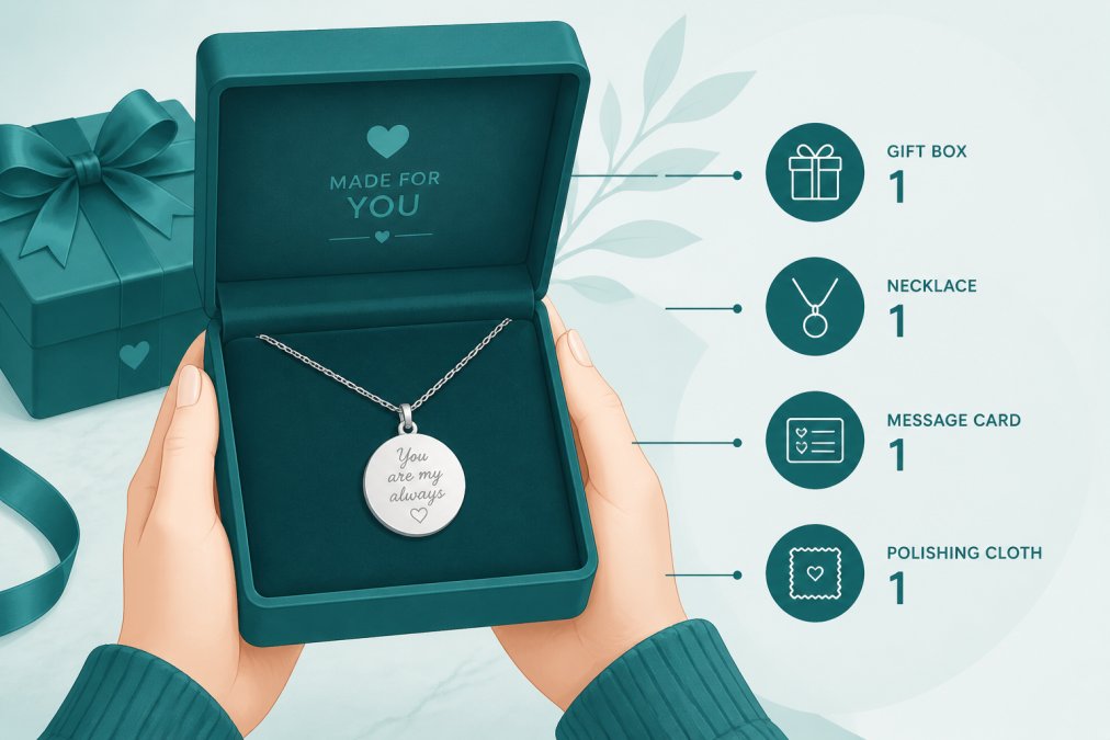 Hands holding an open luxury gift box containing a personalized necklace with delicate engraving visible on the pendant, showing professional packaging and presentation quality