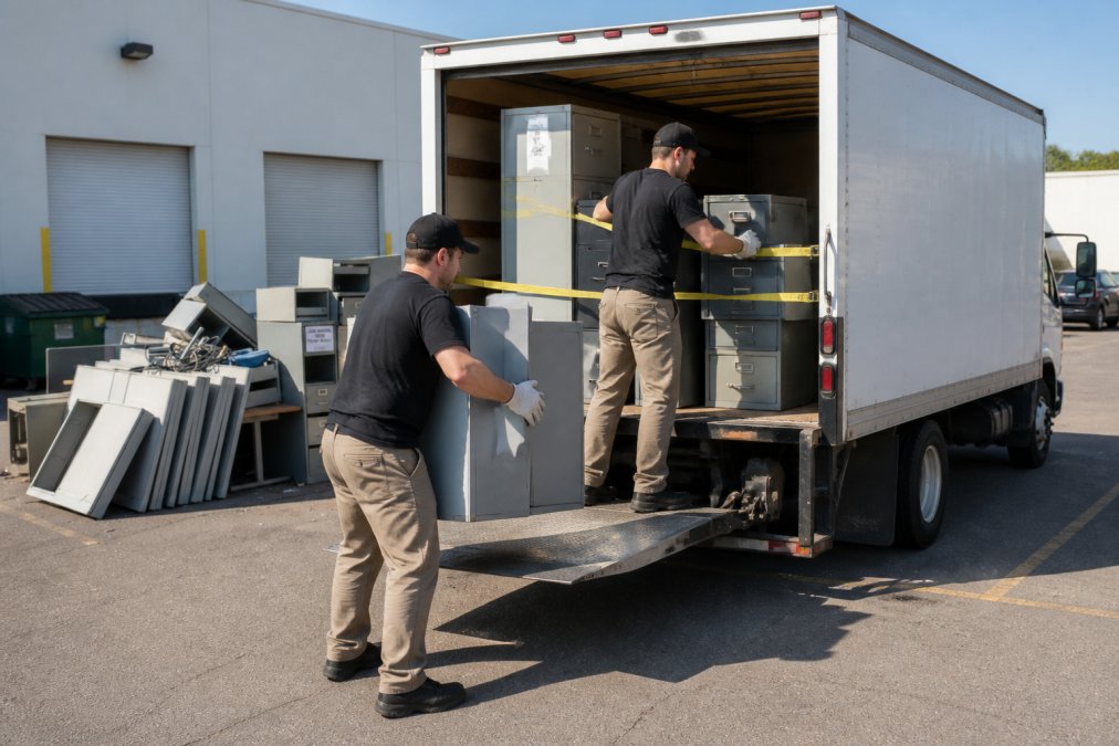 Professional junk removal team in branded uniforms carefully loading used office desks and filing cabinets into a neatly organized truck, with proper securing straps visible, photographed in natural daylight