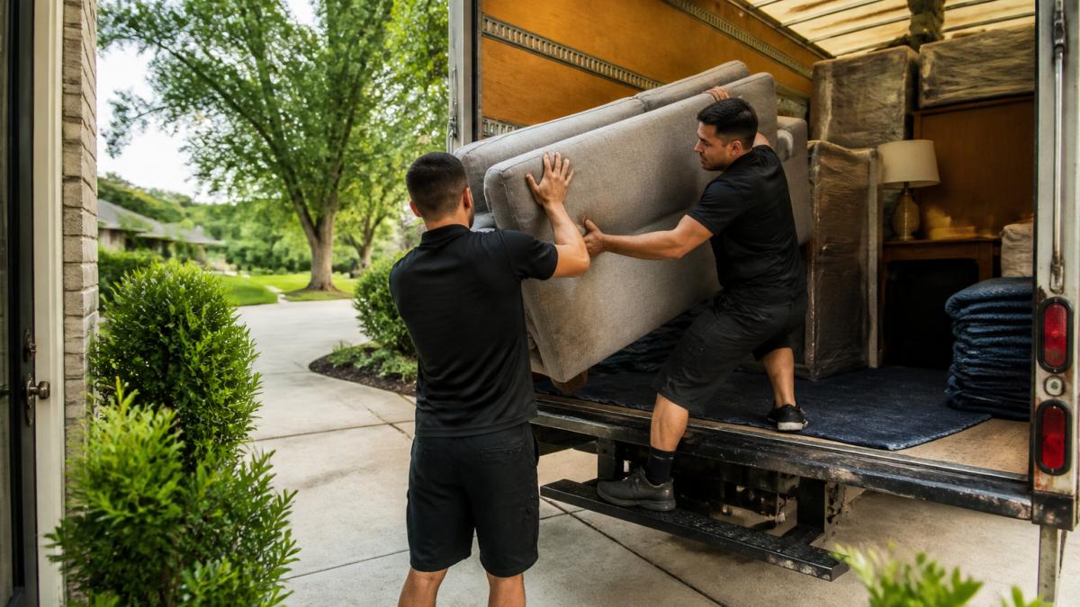 Professional junk removal crew carefully loading upholstered furniture onto a truck with floor protection visible, organized truck bed with items secured properly