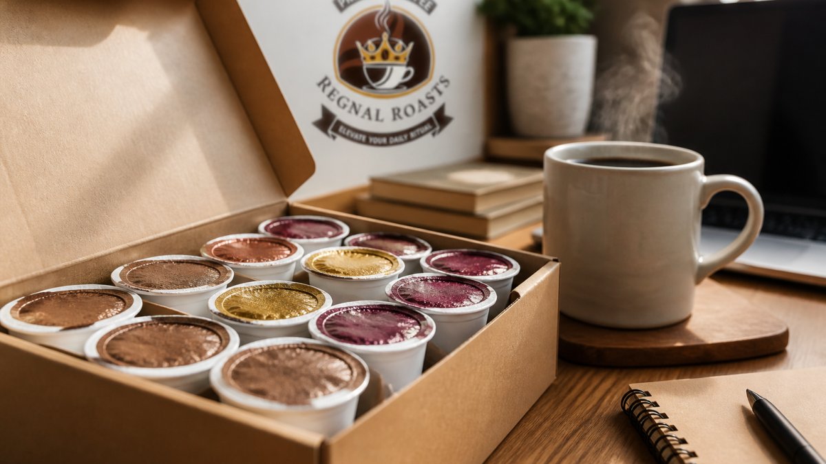 Close-up of an open K-Cup pod box displaying individual nitrogen-sealed coffee capsules with visible labels, showing the premium packaging and branding, with a steaming cup of coffee in the background on a wooden workspace surface with cozy home office ambiance