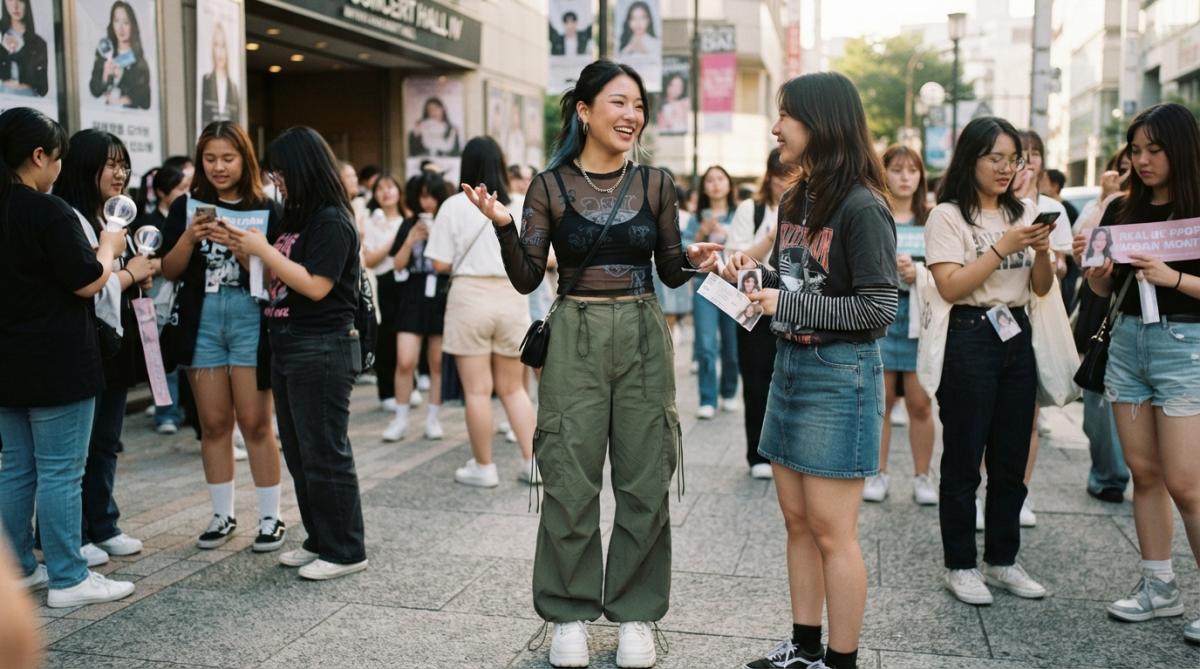 Person wearing a sheer mesh K-pop concert top layered over a fitted bralette with wide-leg cargo pants and platform sneakers, posing confidently in natural lighting