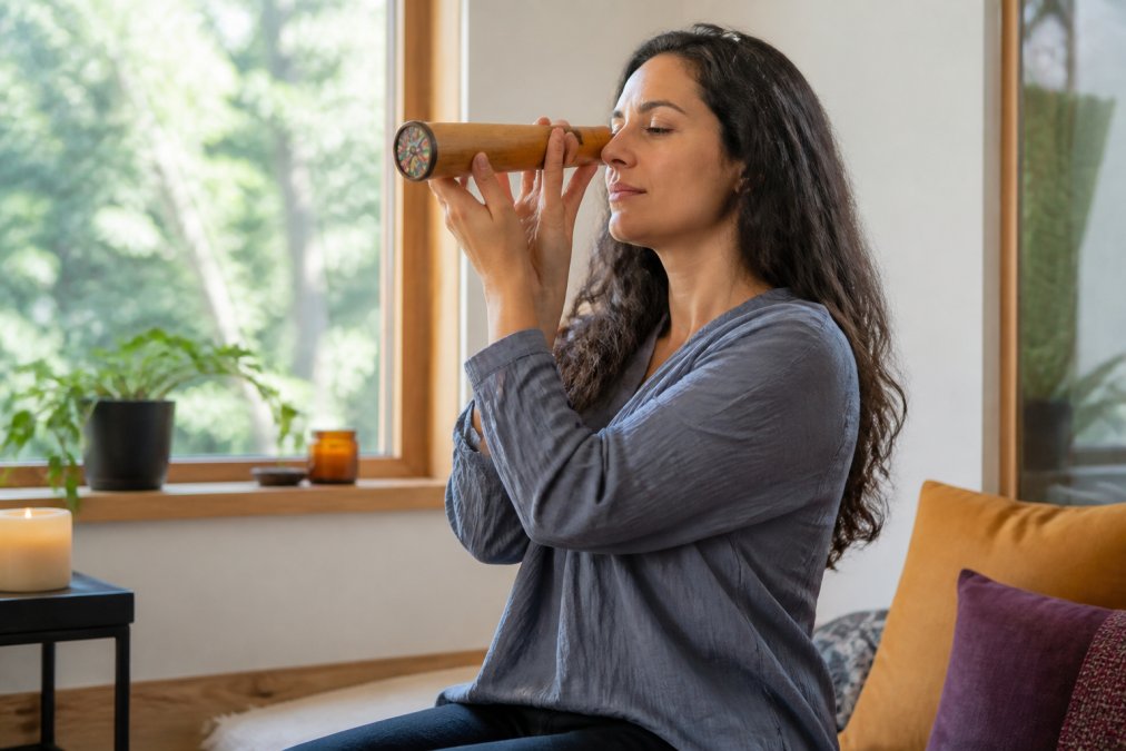 Person sitting peacefully in a naturally lit space, holding a wooden teleidoscope up to their eye with a relaxed, focused expression, soft daylight streaming through a window