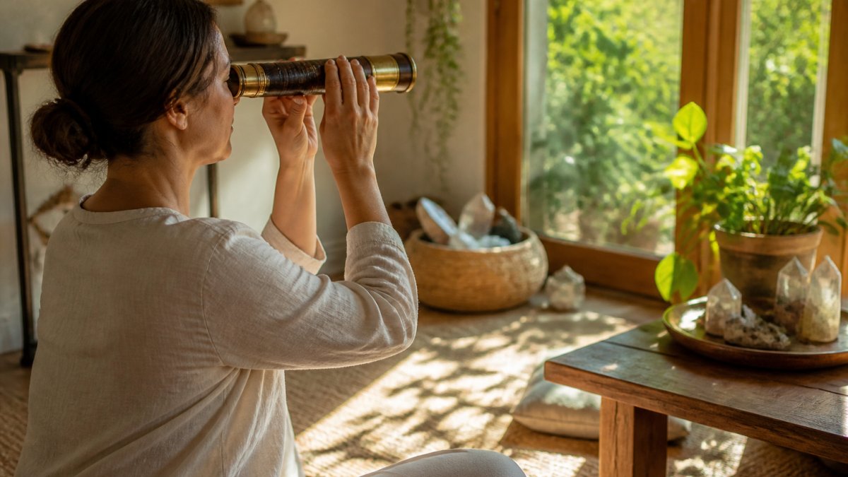 Person in calm, sunlit room holding a handcrafted brass kaleidoscope to their eye in meditative posture, soft natural light creating gentle shadows