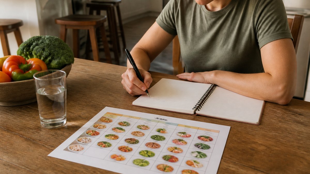 A person at a kitchen table with a printed 60-day meal plan, a glass of water, and fresh vegetables, writing notes in a planner