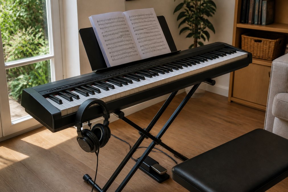 Home music practice setup showing weighted keyboard with sustain pedal positioned beneath, music stand holding sheet music, and over-ear headphones draped on the keyboard stand, natural window lighting