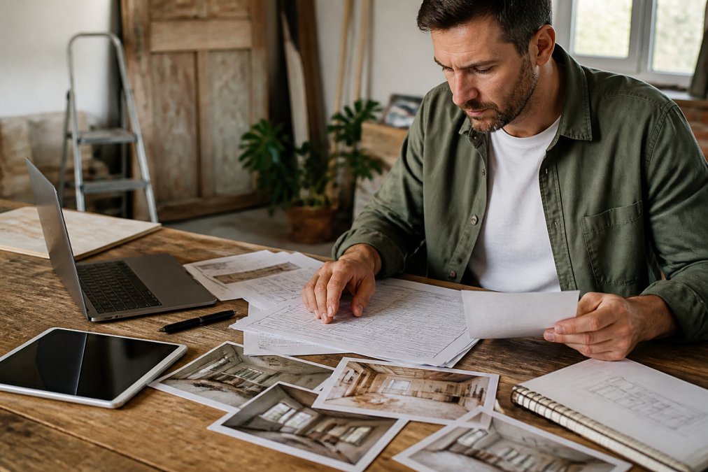 Real estate investor reviewing loan documents and property renovation plans at a desk with a laptop, tablet, and property photos spread out